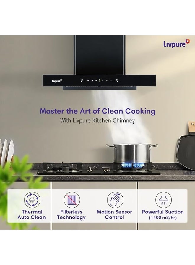 Livpure مِدخنة مطبخ ليفبيور فينيكس 60 سم بدون فلتر – قدرة شفط 1400 م³/ساعة، تحكم باللمس والحركة، إضاءة LED - Image 3